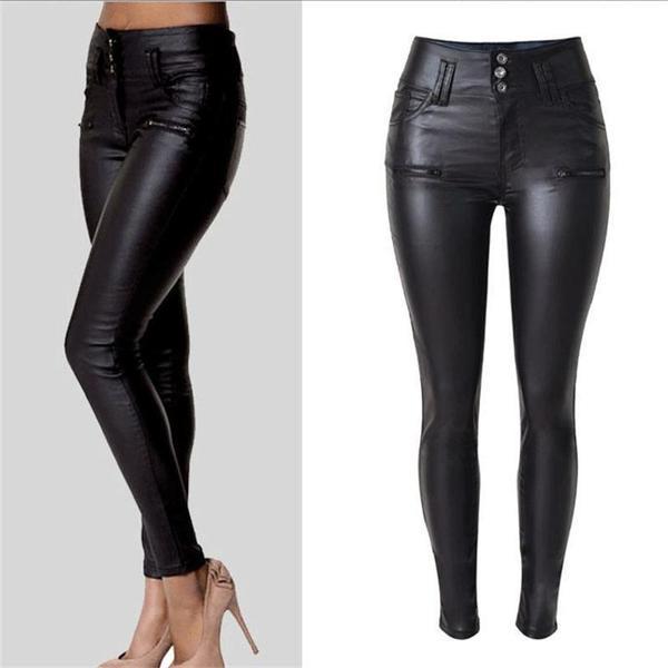 Explosion models high waist 3 button Slim leather pants PU feet pants ...